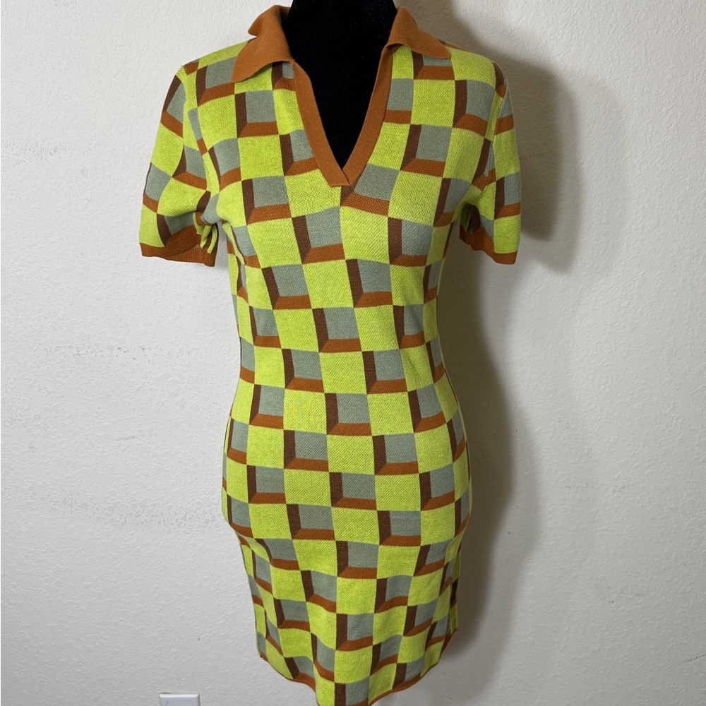 Another Girl Women's Retro Artsy Vintage Check Knit Mod Polo Dress size S - Picture 2 of 9